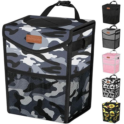 Pritent Car Trash Can with Lid, Cute Leakproof Car Trash Garbage Bag Hanging Vehicle Trash Bin Small Portable Automotive Garbage Cans Organizer for Back/Front Seat/Console(Trapezoid,Camo Grey)