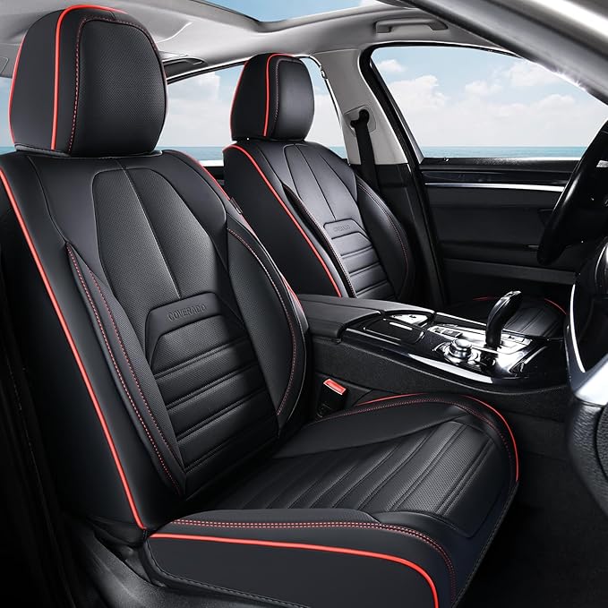 Coverado Car Seat Covers Full Set, Black Redline Seat Covers for Cars, Automotive Seat Covers, Waterproof Nappa Leather Front Seats and Back Car Seat Protector, Universal Fit for Most Cars SUV Trucks