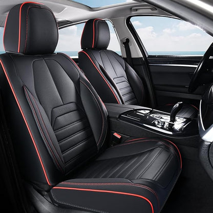 Coverado Car Seat Covers Full Set, Black Redline Seat Covers for Cars, Automotive Seat Covers, Waterproof Nappa Leather Front Seats and Back Car Seat Protector, Universal Fit for Most Cars SUV Trucks