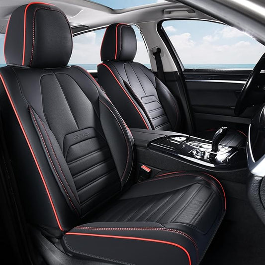 Coverado Car Seat Covers Full Set, Black Redline Seat Covers for Cars, Automotive Seat Covers, Waterproof Nappa Leather Front Seats and Back Car Seat Protector, Universal Fit for Most Cars SUV Trucks