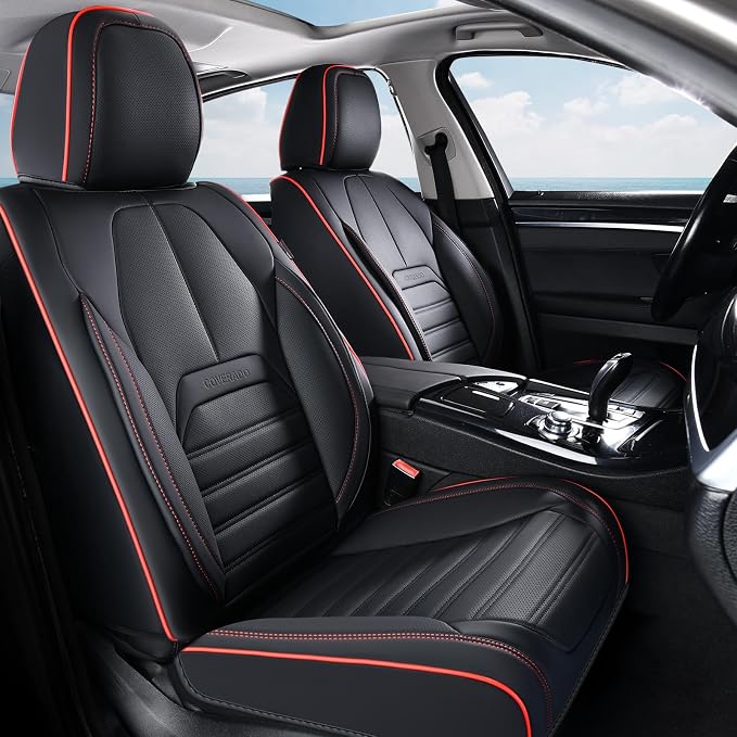 Coverado Car Seat Covers Front Seats, Automotive Seat Covers, Waterproof Nappa Leather Car Seat Cover, Car Seat Cushion, Black Redline Seat Covers Carseat Cover Universal Fit for Most Cars