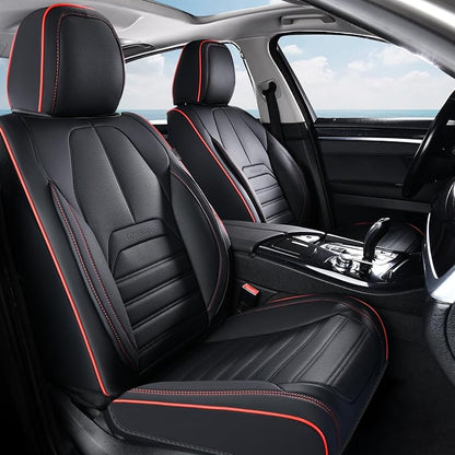 Coverado Car Seat Covers Front Seats, Automotive Seat Covers, Waterproof Nappa Leather Car Seat Cover, Car Seat Cushion, Black Redline Seat Covers Carseat Cover Universal Fit for Most Cars