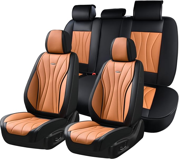 Coverado Seat Covers Full Set, Leather Car Seat Covers, Waterproof Seat Covers for Cars, Front and Back Seat Covers, Car Seat Protectors Car Seat Cushions Universal Fit for Most Cars, Black&Brown