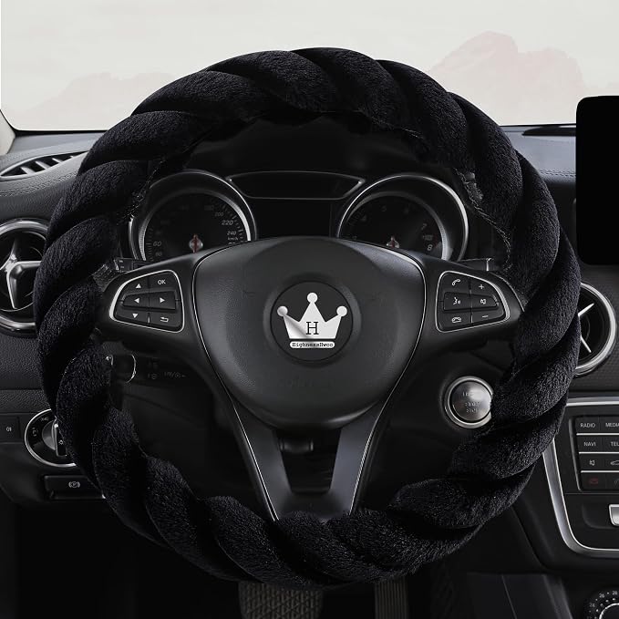 HighnessHwoo Luxury Fluffy Winter Car Steering Wheel Cover for Women Soft Warm Plush Cute Auto Accessories for Vehicle, Sedan, Universal, Fuzzy, Anti Slip, Black, Standard Size, 14.75-15.15"