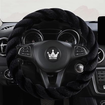 HighnessHwoo Luxury Fluffy Winter Car Steering Wheel Cover for Women Soft Warm Plush Cute Auto Accessories for Vehicle, Sedan, Universal, Fuzzy, Anti Slip, Black, Standard Size, 14.75-15.15"