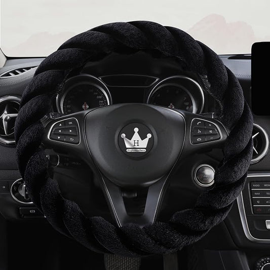 HighnessHwoo Luxury Fluffy Winter Car Steering Wheel Cover for Women Soft Warm Cute Auto Handle Cover for Jeep, Truck, Van, F150, Fuzzy, Anti Slip, Black, Large Size, 15.2-16in
