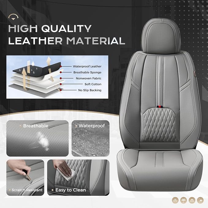 Coverado Car Seat Covers Full Set, Automotive Seat Cover with Lumbar Support, Nappa Leather Seat Cover for Cars, Waterproof Car Seat Protector, Car Seat Cushion Universal Fit for Most Vehicles (Gray)