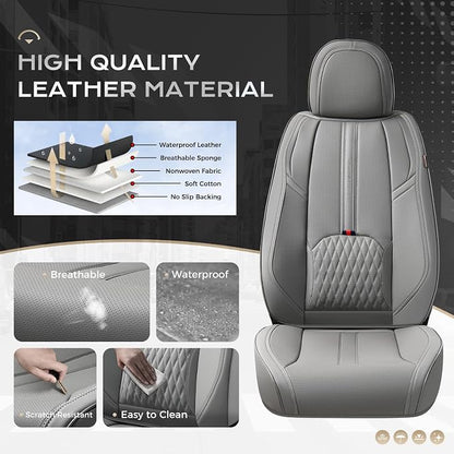 Coverado Car Seat Covers Full Set, Automotive Seat Cover with Lumbar Support, Nappa Leather Seat Cover for Cars, Waterproof Car Seat Protector, Car Seat Cushion Universal Fit for Most Vehicles (Gray)