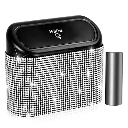 NBTEPEM Bling Car Trash Can with Lid, Mini Auto Garbage Can with 30 Trash Bags, Leakproof Automotive Garbage Container Bin, Bling Car Accessories Trash Can for Women (Silver Diamond)
