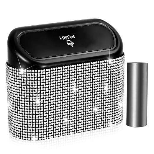 NBTEPEM Bling Car Trash Can with Lid, Mini Auto Garbage Can with 30 Trash Bags, Leakproof Automotive Garbage Container Bin, Bling Car Accessories Trash Can for Women (Silver Diamond)
