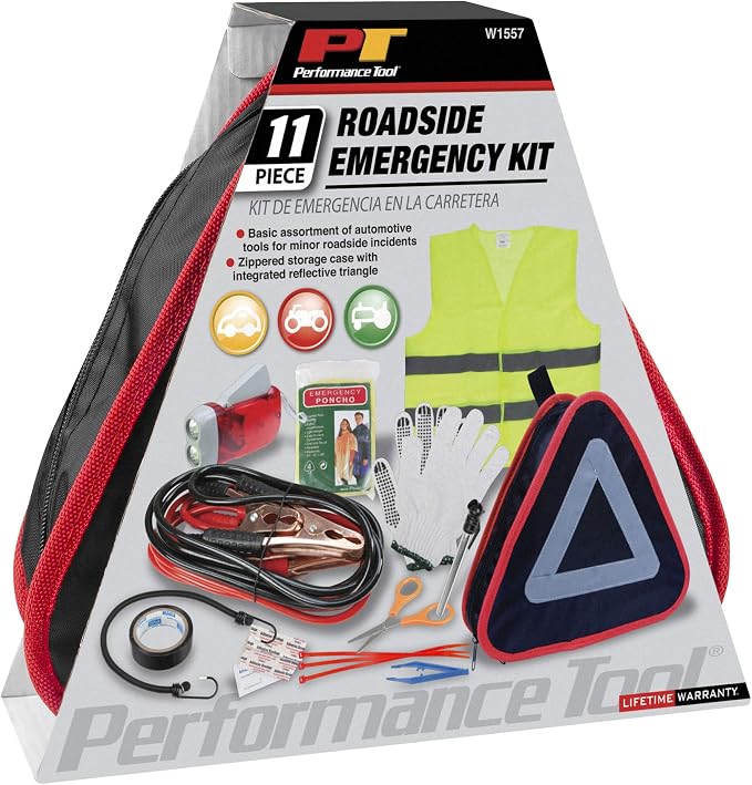 Performance Tool W1557 Roadside Assistance Kit with Jumper Cables, Reflective Triangle, Flashlight, Safety Vest, and More, in Zippered Storage Case