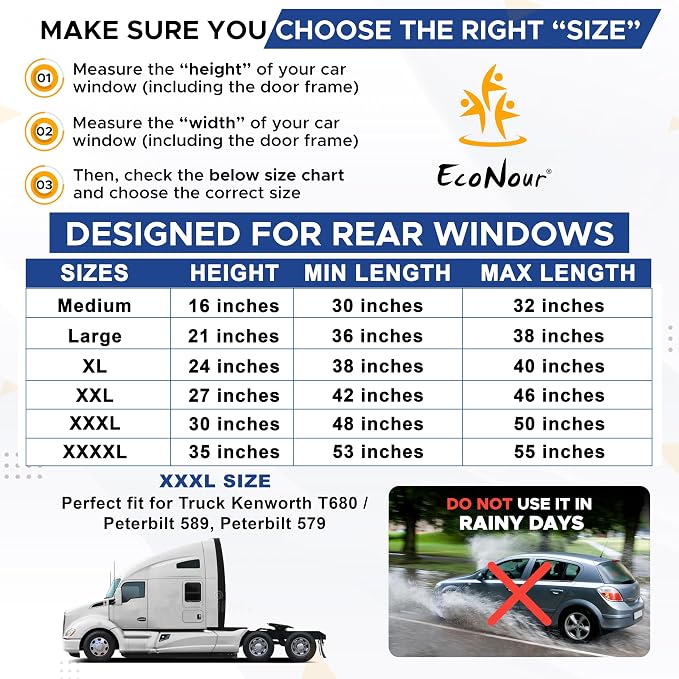 EcoNour Truck 2-Pack Side Window Shade | Stretchable & Breathable Mesh Privacy Blackout Sunshade for Semi Truck - Kenworth T680 / Peterbilt 589, Peterbilt 579 (XXXL 30" x 48")
