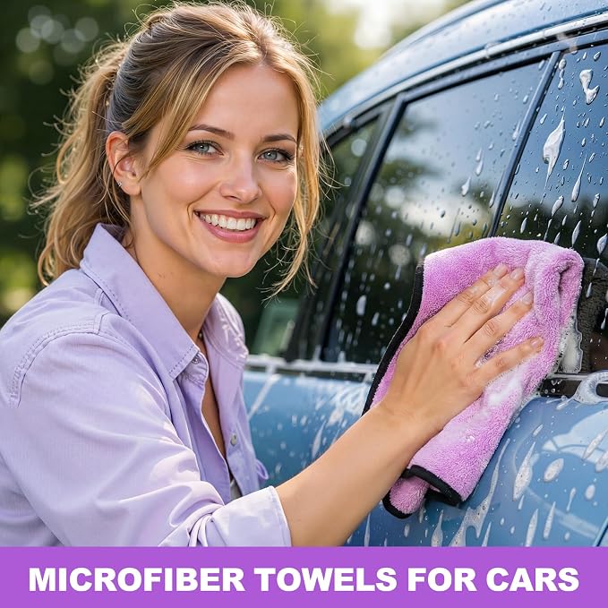 Tallew 12 Pcs Microfiber Towels for Cars, 800 GSM Plush Drying Cleaning Cloth Bulk, 16 x 16 Inch Thick Absorbent Wash Detailing Towels for Car Polishing, House, Kitchen Cleaning(Purple)