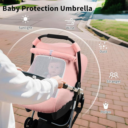 Rquite Car Seat Cover Baby, Carseat Covers Girl Boy, Breathable Muslin Cotton, Large Mesh Window, Infant Car Seat Canopy Baby Carrier Cover Stroller Sun Shade for Summer & Hot Day, Pink