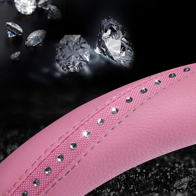CAR PASS Bling Diamond Pink Leather Steering Wheel Cover, Studded Shining Rhinestones Universal Fit 14" 1/2-15" Glitter Sparkly Crystal Fit for Women Girl SUV,Vans,Sedans,Car,Trucks, Pink Diamond
