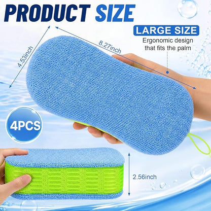 4 Pack Microfiber Car Wash Sponges, Dual-Sided Scrub Pad Multi-Purpose for Auto Detailing, Household Cleaning, Bathroom, Kitchen, Bike, Boat (Green)