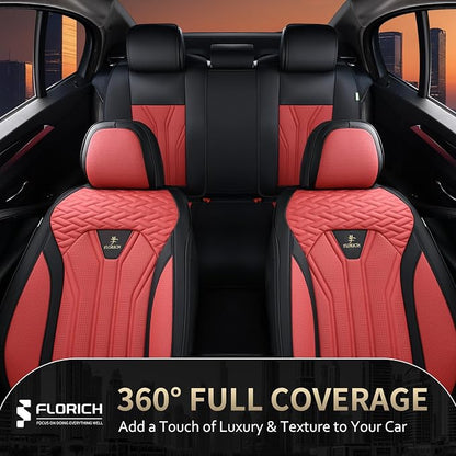FLORICH Leather Seat Covers, Car Seat Covers Full Set, Car Seat Protectors 5 Seats, Automotive Seat Covers Driver Seat Covers Fit for Most Cars Trucks SUV-Black&Burgundy