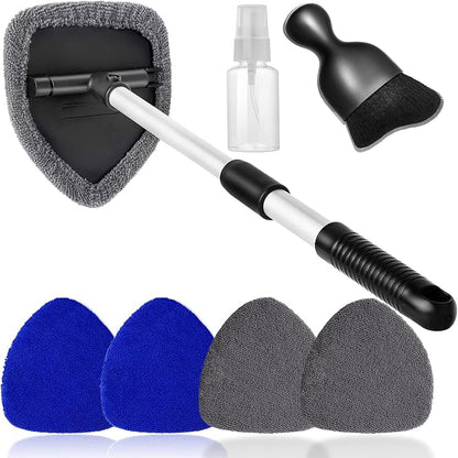 Qydipclin 7pcs Windshield Cleaner Tool Car Window Cleaning Wash Kit with 4 Reusable Microfiber Pads 1 Spray Bottle and Extendable Handle Auto Glass Wiper Kit, Blue&Gray