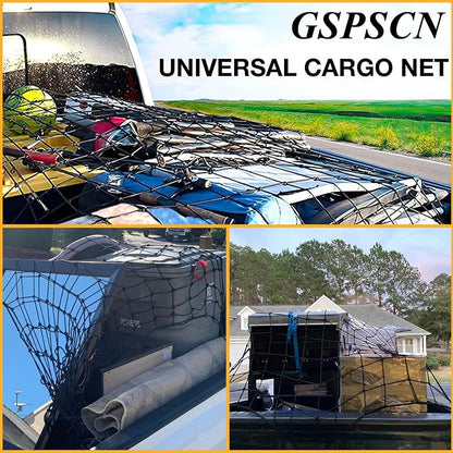 GSPSCN Cargo Net 6' x 4' for Truck Pickup Bed, Trailer,Boat,RV SUV Stretched to 12'x18' Max Roof Rack Net, 4”x4” Mesh Heavy Duty Bungee Cord Netting Compatible with Dodge Ram,Chevy Ford,Toyota