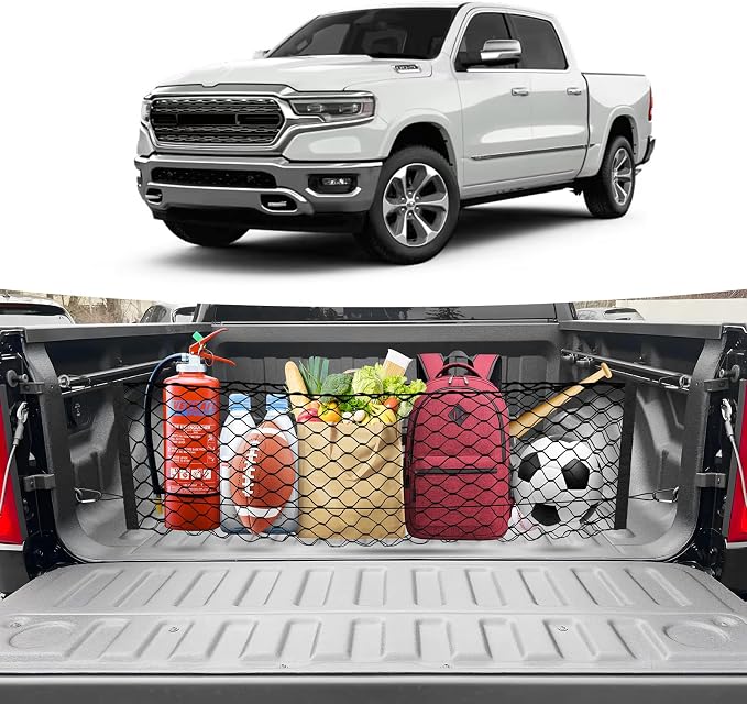 Canvcle Truck Bed Cargo Net for 2019-2025 2026 Dodge Ram 1500 Accessories Envelope Style Mesh Trunk Net Organizer and Storage Stretchable Adjustable Elastic Nylon Rear Cargo Netting with Hooks