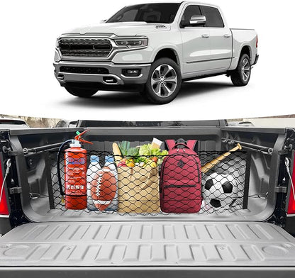 Canvcle Truck Bed Cargo Net for 2019-2025 2026 Dodge Ram 1500 Accessories Envelope Style Mesh Trunk Net Organizer and Storage Stretchable Adjustable Elastic Nylon Rear Cargo Netting with Hooks