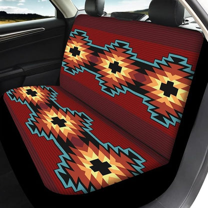 Southwest Native American Tribal Car Seat Covers Full Set,Aztec Red Print Navajo Design Vehicle Front Rear Bench Cushion Protectors Auto Interior Accessories Universal Fit for Trucks Sedans