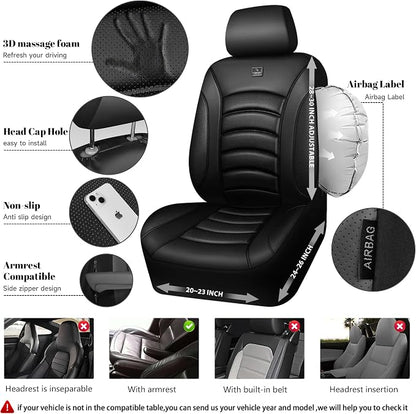 CAR PASS 3D Foam PU Leather Car Seat Covers, Universal Seat Covers Full Sets for Trucks SUV Sedan Automotive Seat Covers Armrest Airbag Compatible Waterproof Comfortable Faux Nappa Leather Pure Black
