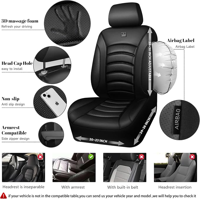 CAR PASS 3D Foam PU Leather Car Seat Covers, Universal Seat Covers Front 2 for Trucks SUV Sedan Automotive Seat Covers Armrest Airbag Compatible Waterproof Comfortable Faux Nappa Leather All Black