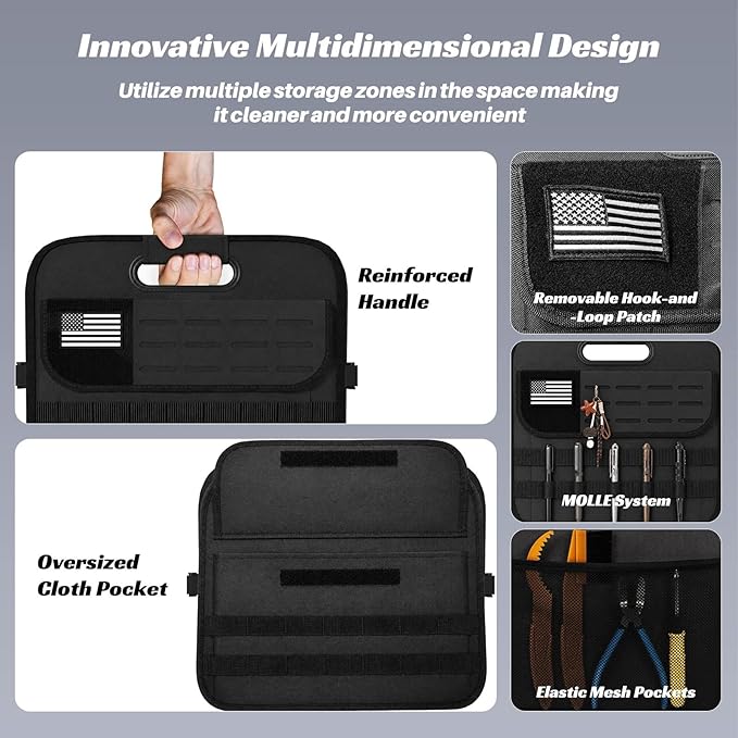 Sposuit Car Trunk Organizer for SUV - 105L Collapsible Tactical MOLLE Car Storage with Reinforced Handles & Multiple Pockets, Sturdy Trunk Organizers for Groceries, Tools & Outdoor Storage (Black)