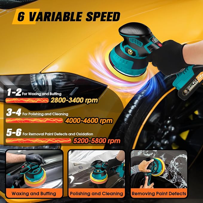 Cordless Car Buffer Polisher kit [2x 2000mAh 21V Batteries & 18 PCS Attachments] 6-Speed Orbital Design, LED Display, Lightweight Detailing Tool for Waxing, Polishing & Scratch Removal-Blue