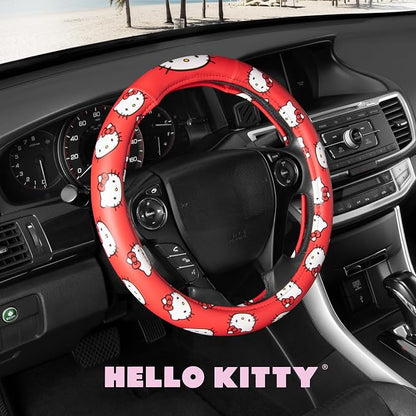 Hello Kitty Steering Wheel Cover Official Sanrio Car Accessory Universal Size 14.5 to 15 Inch Cute Red Design for Women Girls Sedans SUVs Trucks, Anti-Slip Grip, Stretch-Fit Design