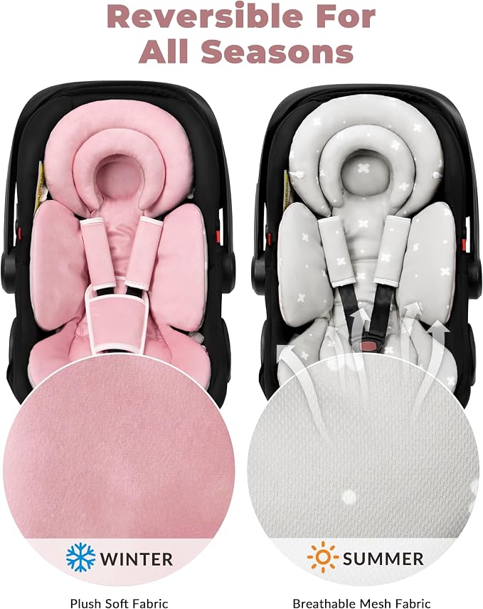 Tinlyfinly Infant Car Seat Insert with Extra Cushion for Preemie to Toddler, Reversible Newborn Carseat Insert for Baby Head Body Support, Fits for Stroller, Baby Swing, Bouncer (Pink)