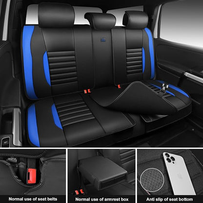 CAR PASS Nappa Leather Car Seat Covers Full Set, Luxury Seat Protector for Cars, Waterproof Anti-Slip Seat Cushion Armrest Compatible Airbag Universal for Sedan SUV Pick-up Truck Auto, Black Blue