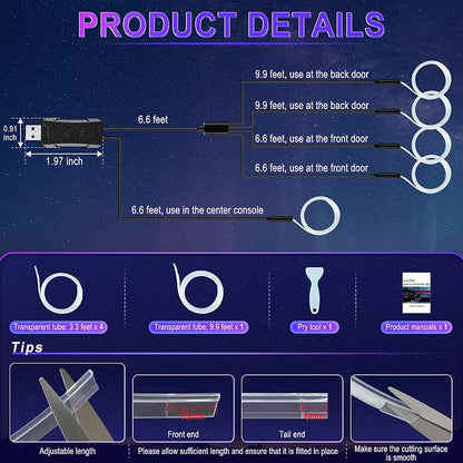 LivTee Smart Car LED Interior Lights with USB Port, LED Strip Fiber Optic Lights, Wireless App Control, Sync to Music, Car Accessories Gifts for Women and Men, 5 in 1