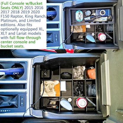 Center Console Organizer Dividers Compatible with 2015-2018 2019 2020 Ford F150 Accessories Black ABS Plastic Armrest Box Insert Secondary Storage, Full Console w/Bucket Seats ONLY