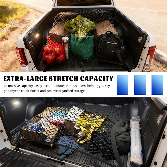 Highly Elastic Cargo Nets for SUV with 4 Hooks,27.5"x19.6" Stretch to 55.12"x39.36" Truck Cargo Net as Trunk Organizer,Heavy-Duty Truck Bed Cargoes Net for Secure Load Retention (27.5"x19.6")