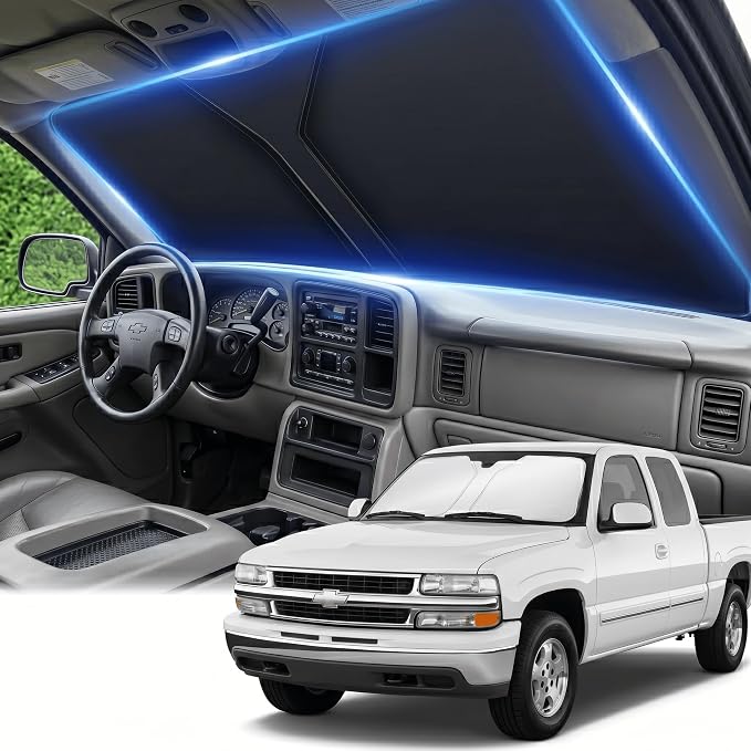 Windshield Sun Shade for Chevy Silverado 1500 1999-2006 Sunshade Front Window Shade Custom Fit Silverado 1500 Accessories Sun Visor Foldable Shade Blocks UV Rays Accessories