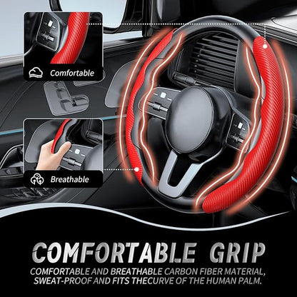 WOCOCN 2pcs Car Steering Wheel Cover,Anti-Skid Carbon Fiber Steering Wheel Protector for Men Women,Multiple Color Options,Universal for Most Car Interiors Accessories (Red)