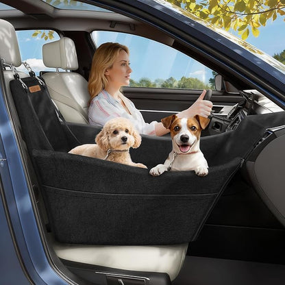 Elevated Dog Car Seat, Dog Booster Car Seats for Small & Medium Breeds Up to 35lbs, Fully Detachable and Washable, Memory Foam Pet Carseat with 2 Storage Pockets & 3 Safety Belts, Black