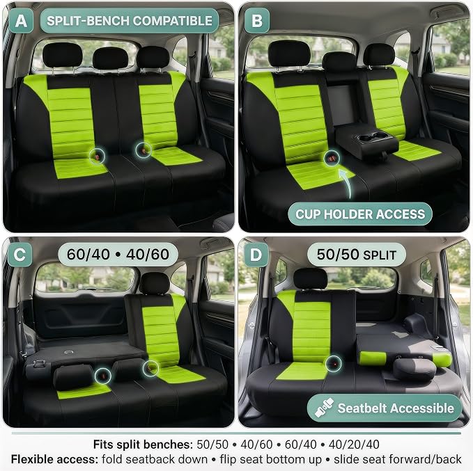 FH Group Automotive Car Seat Covers Rear Set Premium 3D Air Mesh Seat Covers, Airbag Compatible and Split Bench Cover Universal Fit Interior Accessories for Cars Trucks and SUVs - Green