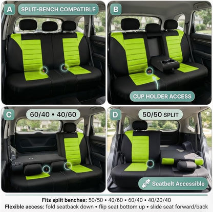 FH Group Automotive Car Seat Covers Rear Set Premium 3D Air Mesh Seat Covers, Airbag Compatible and Split Bench Cover Universal Fit Interior Accessories for Cars Trucks and SUVs - Green