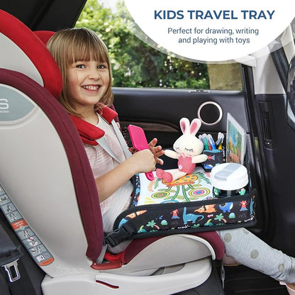 COOLBEBE Kids Travel Tray for Toddler Car Seat, 2PCS Travel Tray for Airplane, Lap Tray, Carseat Table Tray for Kids Travel Activities, Dinosaur & Pink Unicorn