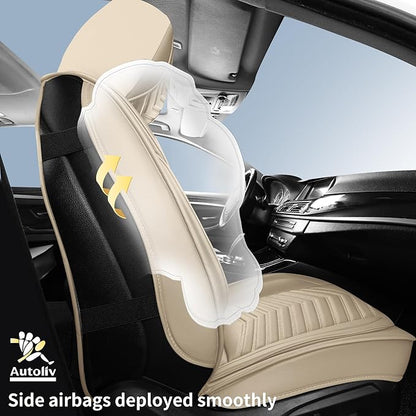 HChengkikz Nappa Leather Car Seat Covers Full Set, Beige Car seat Protector 5 Seats, Waterproof Car Seat Cushion, Universal Automotive Seat Covers Fit for SUV Truck Pick-up Sedan, Front and Rear