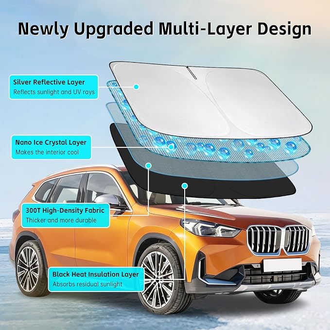 Windshield Sun Shade for BMW X1 2023-2026 Sunshade 300T Windshield Cover Shield Protector Blocks UV Rays Custom Fit X1 Front Window Shades Windshield Accessories Keep Cool Foldable