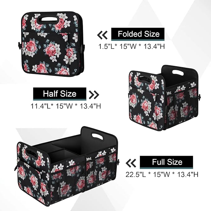 Femuar Car Trunk Organizer,Car Storage Organizer with 72L Large Capacity Waterproof Collapsible and 11 Pockets,Trunk Organizer for Car Suv/Jeep/Sedan, Large Size, Flower