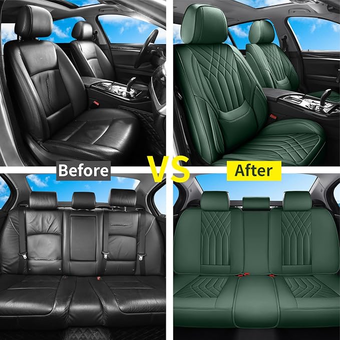 Green Car Seat Covers Full Set, Full Coverage Luxury Leather Green Seat Covers for Front and Rear Car Seats Waterproof Anti-Slip Cover Set Universal Fit for Most 5-Seater Cars SUVs