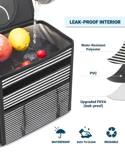 Capolo Car Trash Can with Lid, Leakproof Car Trash Bag Hanging Waterproof Automotive Garbage Can with Storage Pockets Mini Vehicle Trash Bin for Back/Front Seat(Stripe,2.5 Gallon)