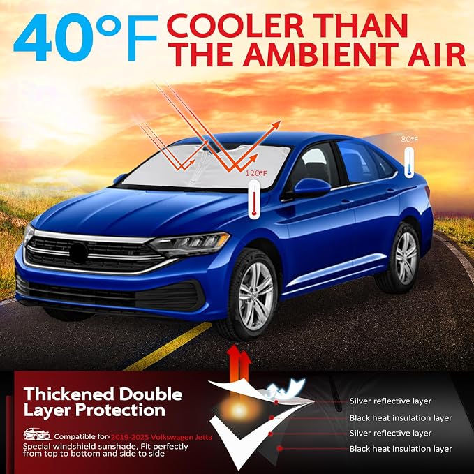 KAYZT Windshield Sun Shade for 2019-2025 2026 Volkswagen VW Jetta Foldable Sunshade Front Window Custom Fit Car Accessories