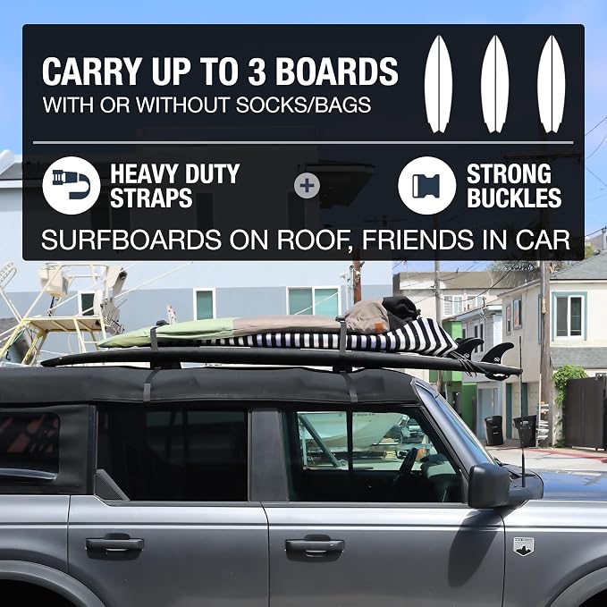 Ho Stevie! Surfboard Car Racks - Padded System, Easy Setup Any Car, ‘No Scratch’ Buckles - Strap Up to 3 Boards to Car Roof