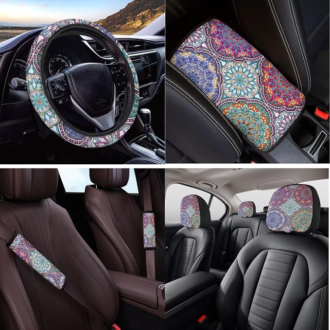 14 Pcs Art Mandala Car Seat Covers Full Set with Steering Wheel Cover,Seat Belt Covers Cup Holder Center Console with Keychain Universal Fit Interior Accessories for SUV Truck